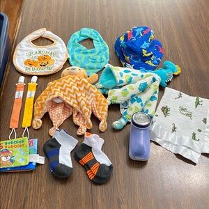 “5/$20” baby bundle of goodies! Dino blankets, shark hat, bibs, socks and more!